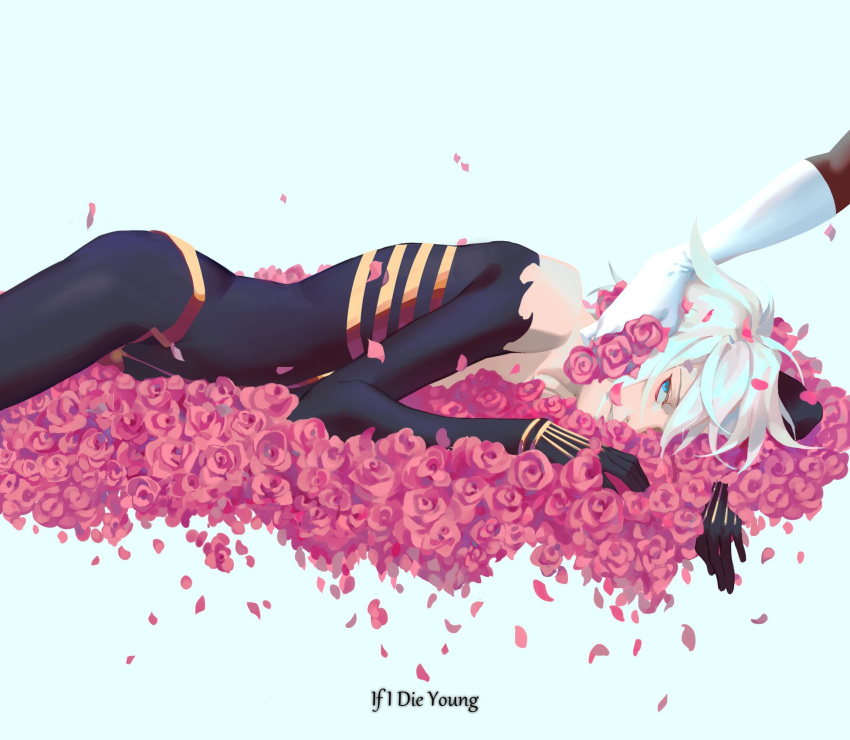 1boy 676643396dolce arjuna_(fate/grand_order) blue_eyes bodysuit fate/apocrypha fate/grand_order fate_(series) flower flower_bed gloves highres karna_(fate) lying male_focus on_side out_of_frame petals solo_focus white_gloves white_hair