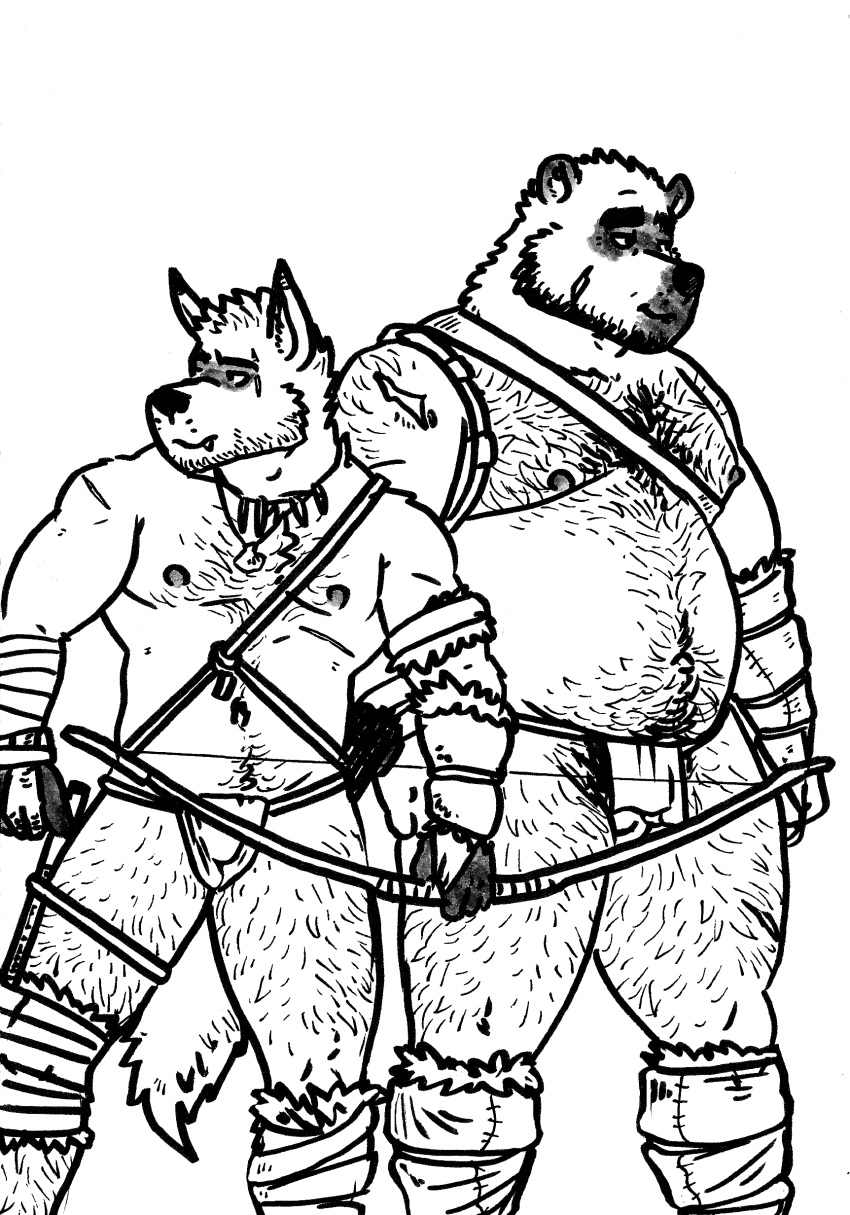 absurd_res beard belly bodyhair bow bulge canid canine canis clothing couple_(disambiguation) facial_hair hairy hi_res hunter husky92 jewelry line_art male male/male mammal monochrome musclegut muscular necklace overweight scar sketch slightly_chubby tribal underwear ursid warpaint warrior wold wolf