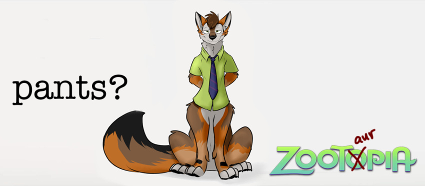 2015 7:3 bedroom_eyes bottomless brown_hair canid canid_taur canine canine_taur clothed clothing dipstick_tail disney english_text fluffy fluffy_tail fox fox_taur fur green_eyes hair hands_behind_back kartfox looking_at_viewer mammal mammal_taur multicolored_tail narrowed_eyes necktie seductive shirt simple_background sirod sitting solo tan_body tan_fur taur text topwear white_background white_body white_fur zootopia