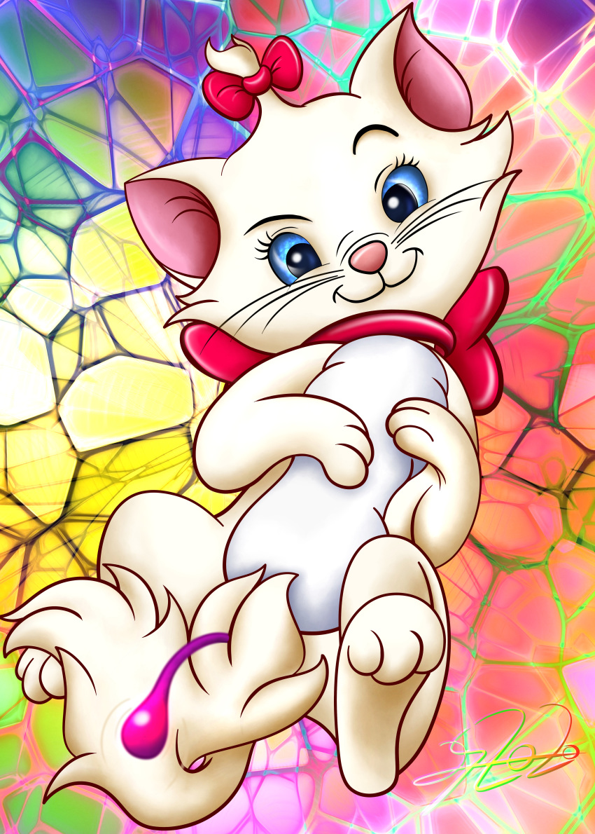 2020 3_fingers 3_toes absurd_res blue_eyes bow carrying cub disney domestic_cat felid feline felis female feral fingers fluffy fluffy_body fluffy_tail fur hi_res lobofeo looking_at_viewer mammal marie_(aristocats) pink_bow pink_nose rainbow_background simple_background smile solo the_aristocats toes whiskers white_body white_fur young