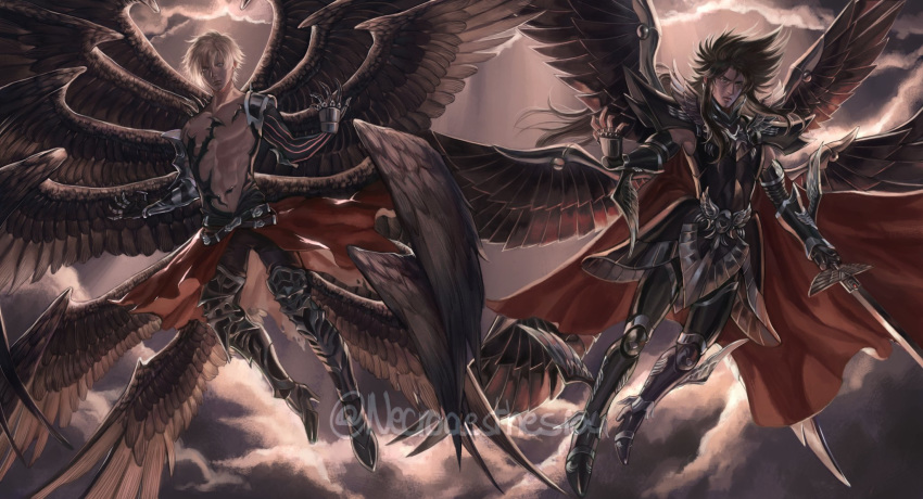 2boys armor black_hair blue_eyes cape crossover full_armor gloves granblue_fantasy hades_(saint_seiya) hair_between_eyes highres holding holding_sword holding_weapon hydragons lucilius_(granblue_fantasy) male_focus multiple_boys multiple_wings red_eyes saint_seiya seraph short_hair shoulder_armor silver_hair sword weapon white_hair wings