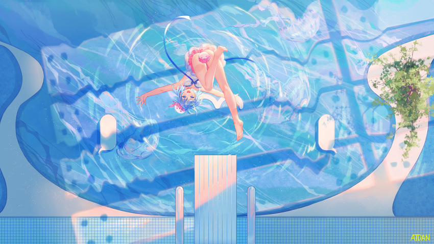 &gt;_&lt; 1girl :d animal animal_on_head atdan bangs bare_arms bare_legs barefoot bikini blue_eyes blue_hair blue_ribbon blue_theme covering covering_crotch day dress_swimsuit falling from_above haiyi highres jellyfish looking_at_viewer on_head open_mouth outstretched_arms plant pool poolside ribbon ripples short_hair smile spread_arms strapless strapless_bikini swimsuit synthesizer_v upside-down vocaloid vsinger water window_shade