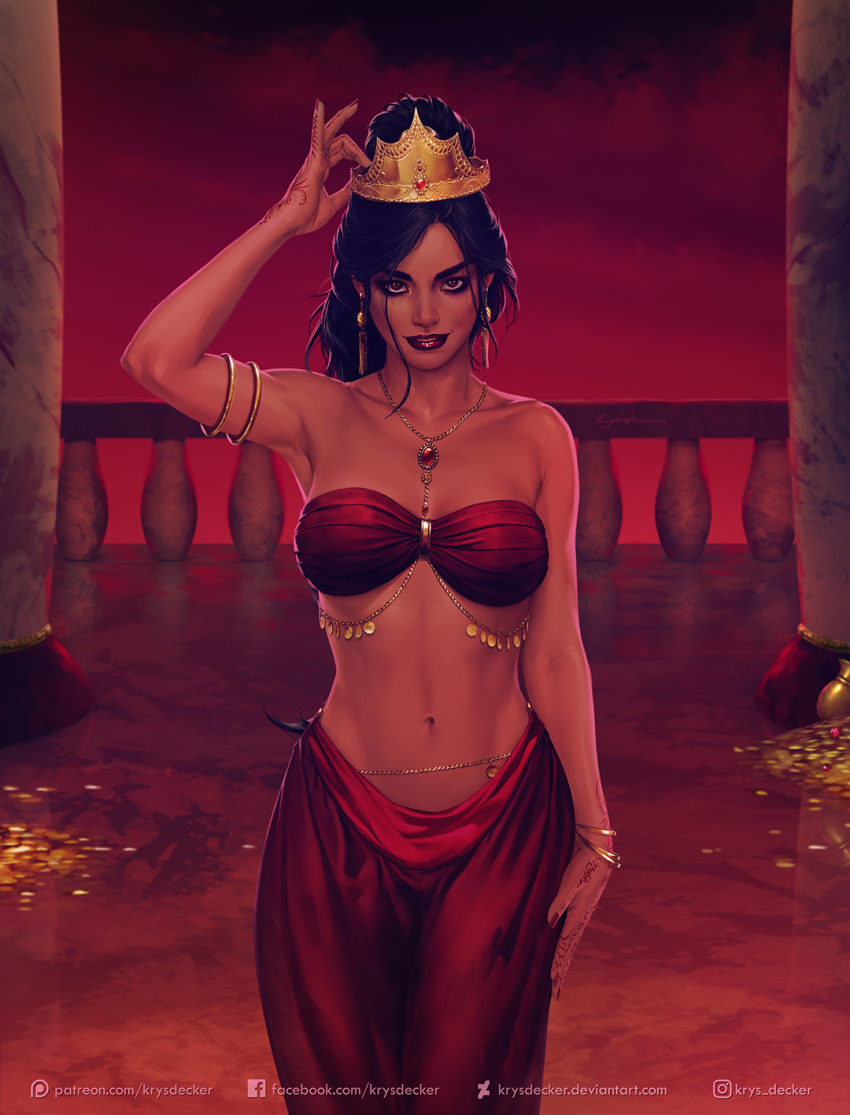 1girl aladdin_(disney) arabian_clothes arm_up armband armpits baggy_pants bangs bare_shoulders black_hair bracelet breasts coin collarbone column crown dark_persona earrings evil evil_smile hand_on_own_leg highres holding holding_crown jasmine_(disney) jewelry krystopher_decker lipstick long_hair looking_at_viewer makeup medium_breasts midriff money navel necklace pants parted_lips pillar realistic red_lips red_sky sky smile smirk solo