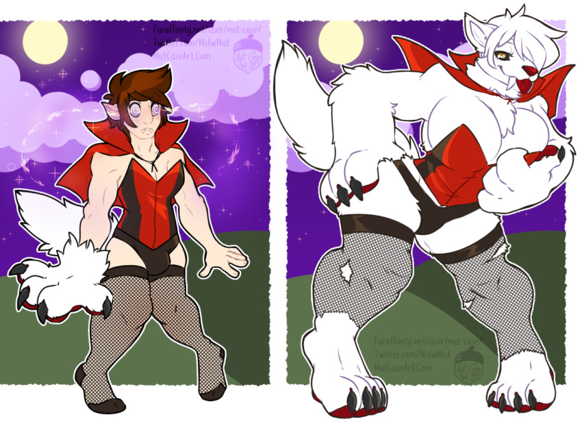 2019 anthro before_and_after big_breasts blush breast_growth breasts bulge canid canine chest_tuft clothing cloud female fishnet fishnet_legwear fur gender_transformation hair humanoid humanoid_to_anthro legwear male mammal moon mtf_transformation night nut-case outside pawpads smile solo spiral_eyes standing tongue tongue_out torn_clothing transformation tuft vampire were werecanid werecanine werewolf white_body white_fur white_hair