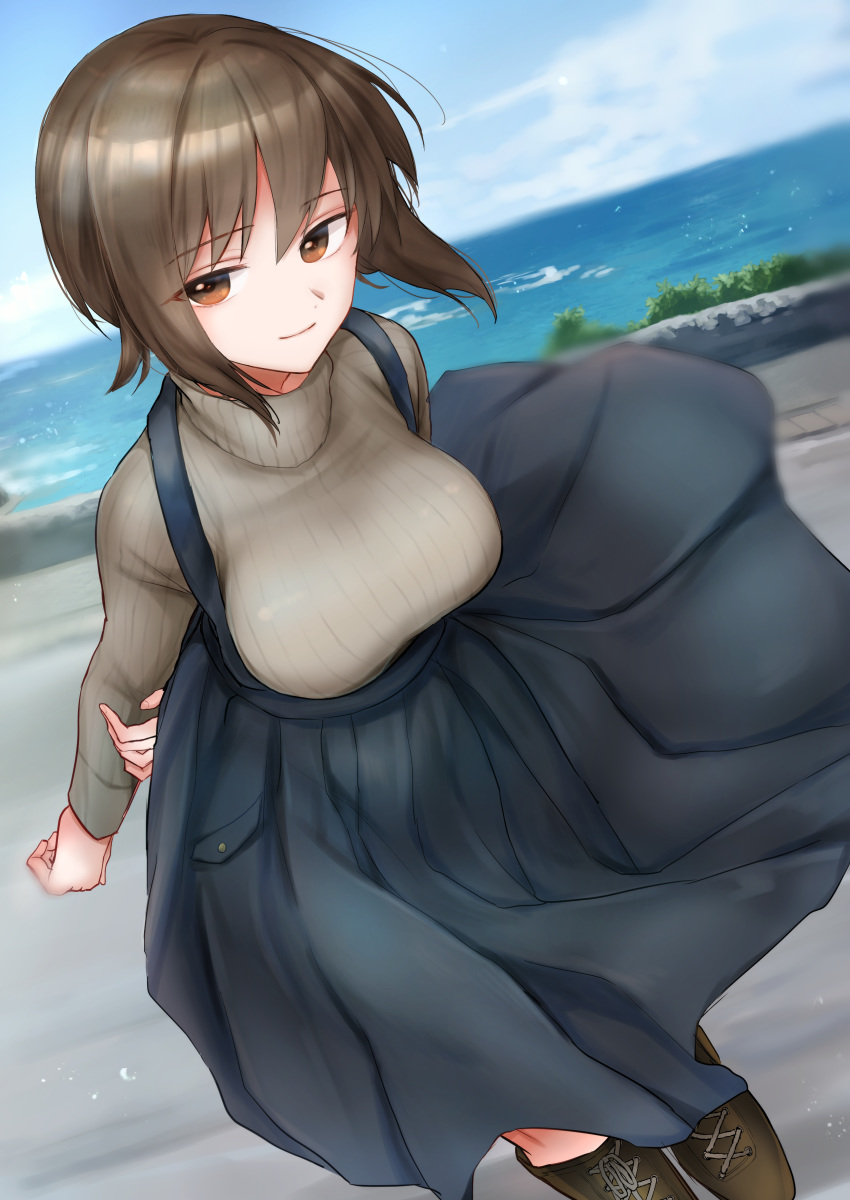 1girl absurdres bangs blue_sky boots breasts brown_eyes brown_footwear brown_hair casual commentary_request dutch_angle emilio_(tetsukazu_no_ao) girls_und_panzer highres horizon large_breasts light_smile long_sleeves looking_at_viewer nishizumi_maho ocean short_hair skirt sky solo suspender_skirt suspenders sweater turtleneck turtleneck_sweater