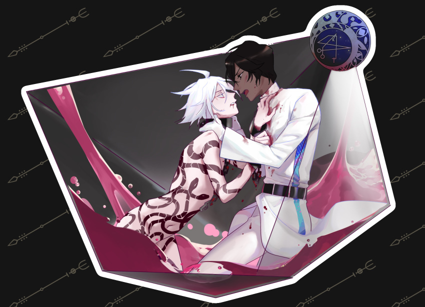 2boys 676643396dolce arjuna_(fate/grand_order) arjuna_alter black_hair blood blood_from_mouth bloody_clothes bloody_hands dark_skin dark_skinned_male fate/grand_order fate_(series) full_body_tattoo highres multiple_boys nude pool_of_blood snake_tattoo sweatdrop tattoo white_clothes white_hair