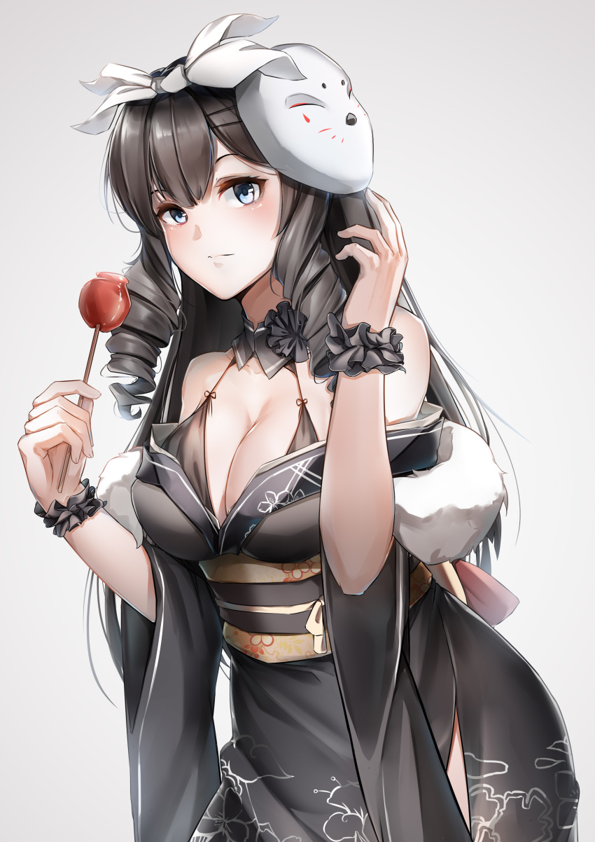 1girl absurdres black_kimono blood bloody_tears blue_eyes bow breasts brown_hair candy_apple cleavage closed_mouth commentary_request cowboy_shot detached_collar drill_hair drill_locks food fur_trim girls_frontline grey_background hair_bow halter_dress hand_up highres howa_type_64_(girls_frontline) japanese_clothes kimono large_breasts long_hair looking_at_viewer lubikaya1 mask mask_on_head obi off-shoulder_kimono sash scrunchie side_slit sidelocks solo white_bow wrist_scrunchie