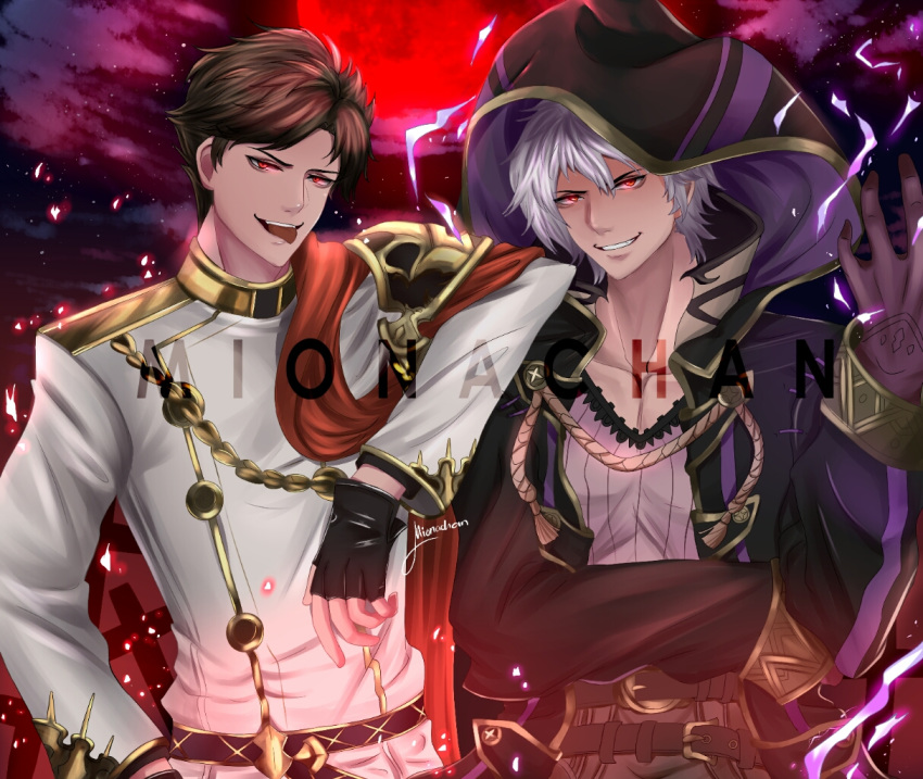 2boys aura belial_(granblue_fantasy) belt black_hair brown_hair cape crossover dark_aura dark_persona evil_grin evil_smile fire_emblem fire_emblem_awakening fire_emblem_heroes gloves granblue_fantasy grima_(fire_emblem) grin long_sleeves looking_at_viewer male_focus mionachan multiple_boys open_mouth red_eyes robin_(fire_emblem) seiyuu_connection short_hair smile white_hair