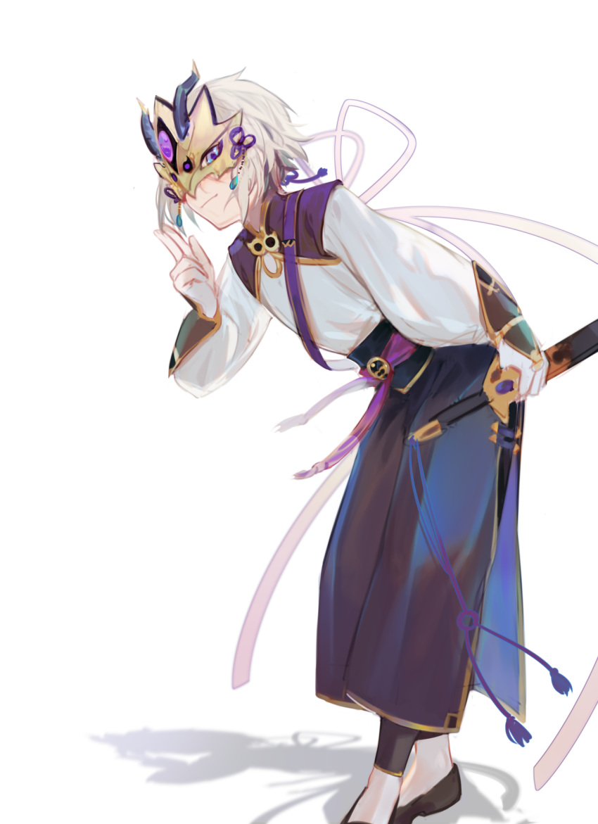 1boy blue_eyes chinese_clothes csyko fate/grand_order fate_(series) gao_changgong_(fate) grey_hair highres holding holding_sword holding_weapon horned_mask leaning_forward male_focus mask masked sheath sheathed short_hair silver_hair smile solo sword weapon