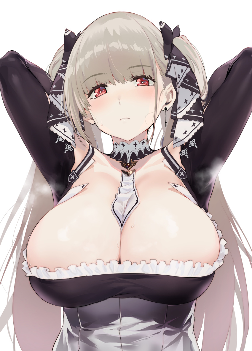 1girl absurdres armpits arms_behind_head azur_lane bangs bare_shoulders between_breasts black_dress blunt_bangs blush breasts cleavage closed_mouth collarbone cross cross_earrings dress earrings eyebrows_visible_through_hair eyelashes formidable_(azur_lane) frilled_dress frills green_hair hair_ribbon head_tilt highres iku_(ikuchan_kaoru) jewelry large_breasts long_hair long_sleeves looking_at_viewer platinum_blonde_hair red_eyes ribbon shiny shiny_skin sidelocks simple_background single_earring smell solo steam steaming_body sweat twintails two-tone_dress two-tone_ribbon upper_body very_long_hair white_background
