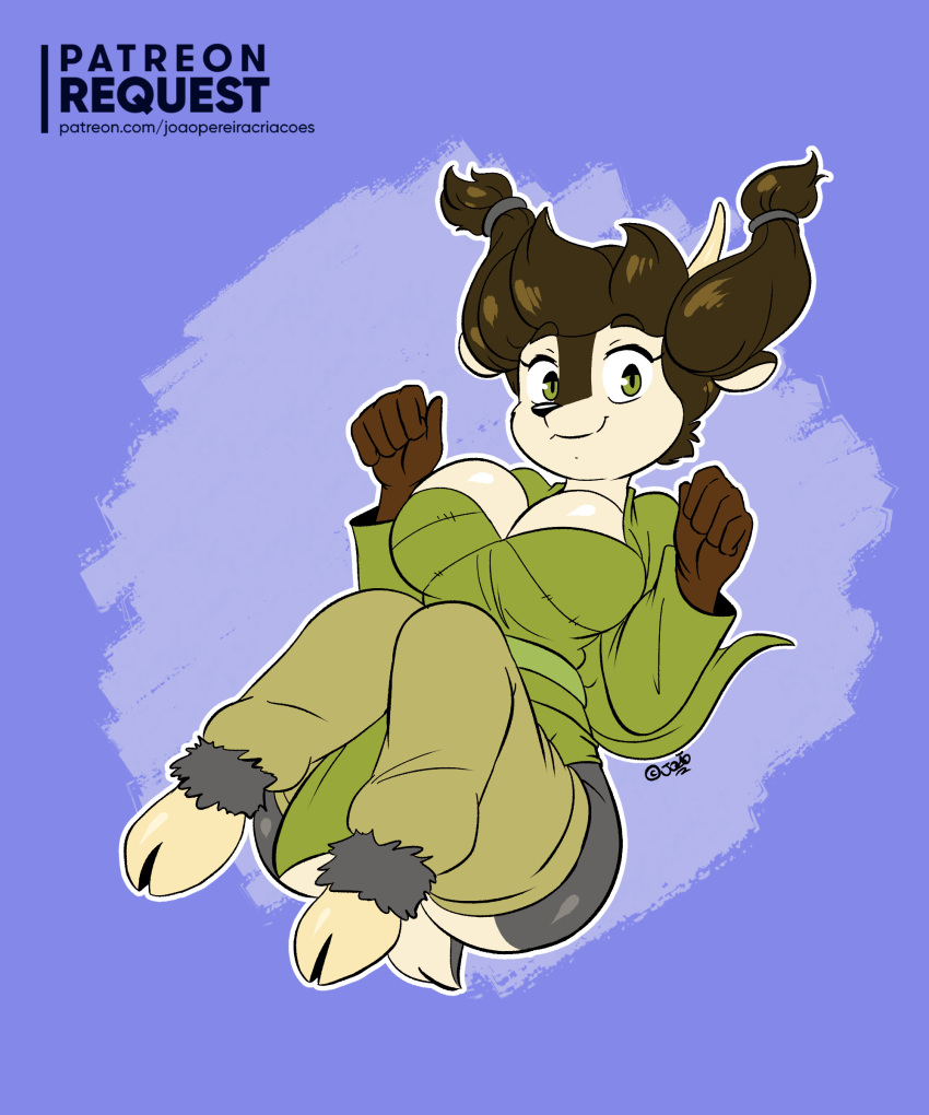 2020 5_fingers absurd_res anthro black_nose breasts brown_hair cervid cleavage clothed clothing digital_media_(artwork) eyelashes female fingers green_eyes hair hi_res hooves horn joaoppereiraus looking_at_viewer mammal pigtails signature smile solo text url