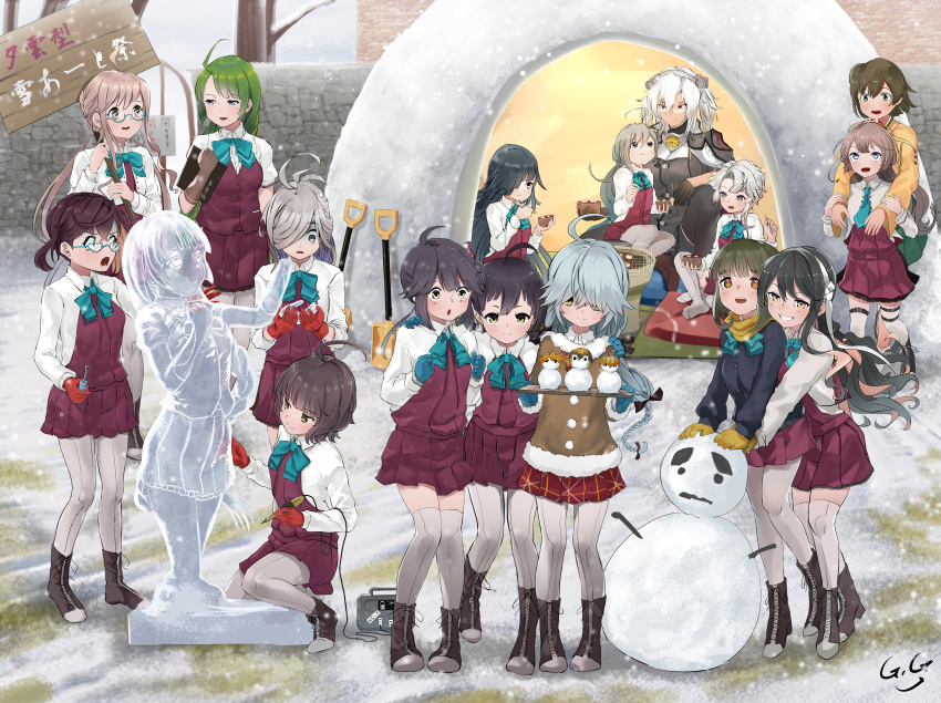 6+girls :d :t absurdres ahoge akishimo_(kantai_collection) asashimo_(kantai_collection) asymmetrical_bangs asymmetrical_hair bangs bare_tree black_gloves black_hair black_legwear black_ribbon blazer blue-framed_eyewear blue_eyes blue_gloves blue_hair blue_jacket blue_neckwear blunt_bangs blush bob_cut boots bow bowl bowtie braid breasts brick_wall brown_eyes brown_gloves brown_hair brown_scarf brown_sweater chisel chopsticks clenched_hands clipboard collar commentary_request cross-laced_footwear crown_braid cushion dark_skin double_bun dress eating eyebrows_visible_through_hair fingerless_gloves flat_chest fujinami_(kantai_collection) full_body fur-trimmed_sweater gegeron glasses gloves gradient_eyes gradient_hair green_eyes green_hair green_hakama grey_eyes grey_hair grey_legwear griddle grill grin hair_between_eyes hair_bun hair_ornament hair_over_eyes hair_over_one_eye hair_ribbon hairband hakama hakama_skirt halterneck hamanami_(kantai_collection) hand_on_another's_shoulder hayanami_(kantai_collection) hayashimo_(kantai_collection) headgear highres hime_cut hiryuu_(kantai_collection) holding holding_bowl holding_chopsticks holding_clipboard holding_sign horror_(expression) hug hug_from_behind huge_filesize ice_sculpture igloo indian_style jacket japanese_clothes kantai_collection kazagumo_(kantai_collection) kikumon kimono kishinami_(kantai_collection) kiyoshimo_(kantai_collection) lace-up_boots large_breasts leaf_hair_ornament long_hair long_sleeves looking_at_another looking_at_viewer low_twintails makigumo_(kantai_collection) medium_breasts mochi mole mole_under_mouth multicolored multicolored_eyes multicolored_hair multiple_girls musashi_(kantai_collection) naganami_(kantai_collection) necktie okinami_(kantai_collection) one_side_up open_mouth outdoors pantyhose pink_hair plaid plaid_skirt pleated_skirt pointy_hair ponytail purple_eyes purple_hair purple_skirt red_eyes red_gloves remodel_(kantai_collection) ribbon round_eyewear scarf school_uniform semi-rimless_eyewear shirt short_hair short_hair_with_long_locks short_sleeves shovel side_ponytail sidelocks sign signature silver_eyes silver_hair single_braid single_thighhigh sitting sitting_on_lap sitting_on_person skirt sleeves_rolled_up small_breasts smile snow snow_shelter snowing snowman squatting standing surprised sweat sweater takanami_(kantai_collection) tan tatami thighhighs translation_request tree tsurime turn_pale twintails two_side_up very_long_hair vest white_hair white_hairband white_ribbon white_shirt yellow_eyes yellow_kimono yuugumo_(kantai_collection) zabuton zettai_ryouiki