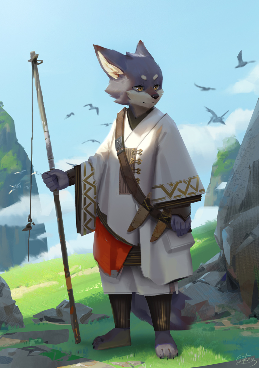 2018 ambient_bird anthro avian barefoot bird black_nose brown_eyes canid cloud dagger day detailed_background fishing_rod fur grass grey_body grey_fur hi_res lokey male mammal melee_weapon outside rock smile solo standing weapon