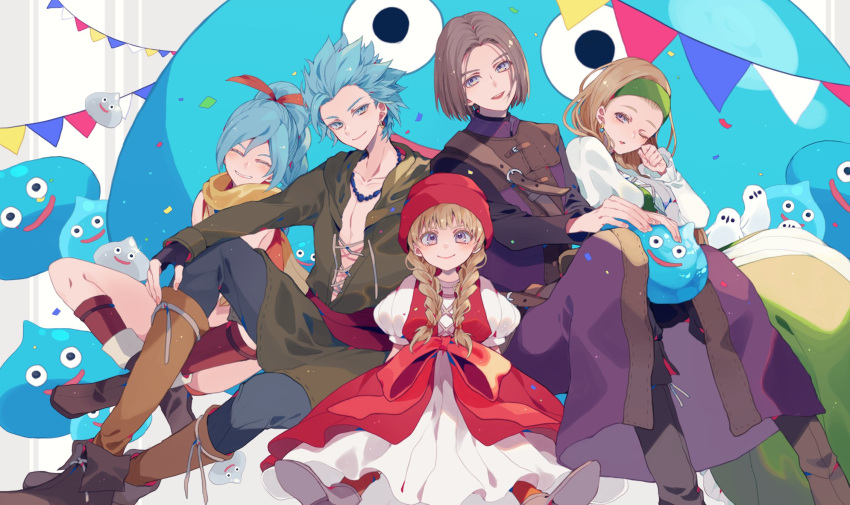 2boys 3girls blonde_hair blouse blue_eyes blue_hair blush boots braid brown_footwear brown_hair camus_(dq11) character_request closed_mouth dragon_quest dragon_quest_xi dress earrings facing_viewer glint green_skirt grey_pants hair_ribbon hand_up headband highres hoop_earrings jewelry juliet_sleeves light_brown_hair long_hair long_sleeves looking_at_viewer maya_(dq11) medium_hair multiple_boys multiple_girls necklace one_eye_closed pants parted_lips ponytail puffy_short_sleeves puffy_sleeves purple_eyes red_headwear red_ribbon ribbon satsuki_(miicat) scarf shoes short_sleeves sitting skirt slime_(dragon_quest) smile twin_braids veronica_(dq11) white_dress yellow_scarf