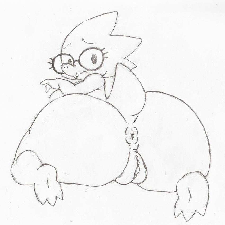 alphys anthro anus beady_eyes big_breasts big_butt breasts buckteeth butt butt_focus eyewear female foreshortening genitals glasses hi_res kneeling looking_at_viewer looking_back non-mammal_breasts nude pussy rear_view reptile scalie short_stack solo team_pervy teeth thick_tail thick_thighs undertale video_games wide_hips