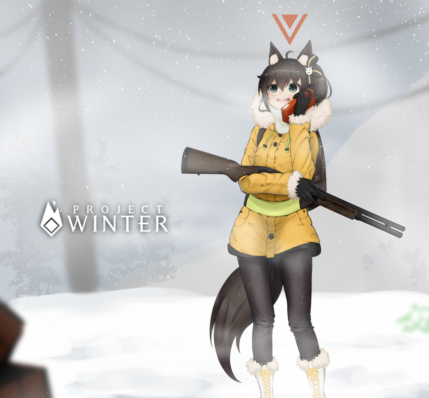 1girl absurdres ahoge animal_ears backpack bag black_gloves black_pants boots breath brown_hair coat copyright_name cross-laced_footwear eyebrows_visible_through_hair fur-trimmed_boots fur-trimmed_coat fur_trim gloves green_eyes gun hair_between_eyes highres hololive hooded_coat lunch_boxer medium_hair natsuiro_matsuri open_mouth outdoors pants project_winter shotgun side_ponytail smile snow solo standing tail telephone_pole virtual_youtuber walkie-talkie weapon white_footwear winter yellow_coat