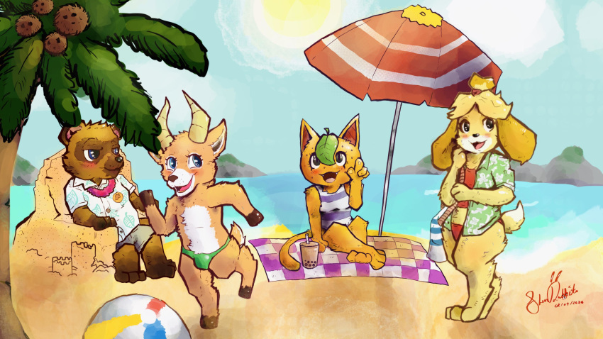 16:9 2020 4k absurd_res animal_crossing antelope anthro ball beach beach_ball beau_(animal_crossing) bottomwear bovid brown_body brown_fur bulge canid canine canis clothed clothing domestic_cat domestic_dog felid feline felis female fur group hi_res isabelle_(animal_crossing) kinkykenku male mammal multicolored_body multicolored_fur nintendo orange_body orange_fur outside palm_tree raccoon_dog seaside shirt shorts signature speedo sun swimwear tangy_(animal_crossing) tanuki tom_nook_(animal_crossing) topless topwear tree umbrella video_games water white_body white_fur yellow_body yellow_fur