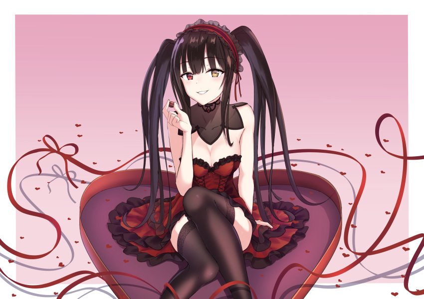 1girl absurdres bare_shoulders black_hair black_legwear blush breasts cleavage clock_eyes commentary date_a_live dress hairband heterochromia highres lolita_fashion lolita_hairband long_hair looking_at_viewer marinesnow medium_breasts open_mouth red_eyes ribbon smile solo symbol-shaped_pupils thighhighs tokisaki_kurumi twintails valentine yellow_eyes