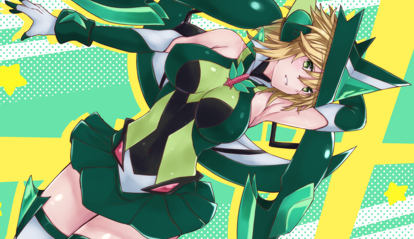 1girl akatsuki_kirika arm_up armpits blonde_hair blush breasts covered_navel gloves green_eyes green_leotard headgear highres large_breasts leotard looking_at_viewer lying on_back senki_zesshou_symphogear shiny shiny_hair shiny_skin shishin_(shishintei) short_hair skirt smile solo striped striped_legwear thighhighs