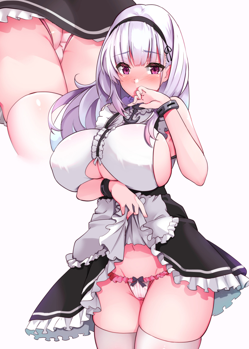 1girl azur_lane bangs black_hairband blunt_bangs blush breasts covering_mouth dido_(azur_lane) eyebrows_visible_through_hair frilled_panties frills hairband hand_over_own_mouth highres huge_breasts lifted_by_self long_hair looking_at_viewer navel panties pink_eyes pink_panties sezoku sideboob simple_background solo striped thighhighs underboob underboob_cutout underwear vertical-striped_panties vertical_stripes white_background white_hair white_legwear