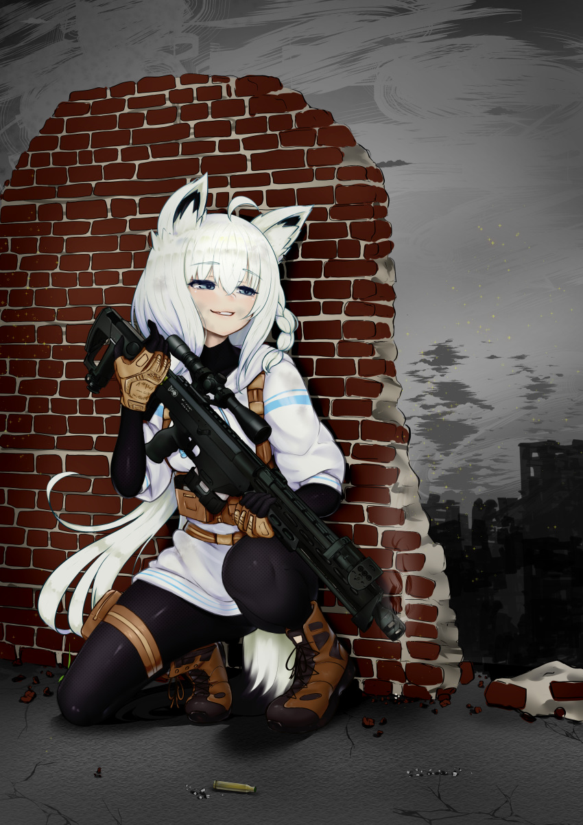 1girl absurdres ahoge alternate_costume animal_ears blue_eyes bodysuit bodysuit_under_clothes braid brick_wall broken_wall brown_footwear city cross-laced_footwear dsr-1 eyebrows_visible_through_hair fox_ears fox_tail full_body gloves grin gun hair_between_eyes highres hololive jacket long_hair lunch_boxer military outdoors rubble shell_casing shirakami_fubuki side_braid smile smoke smoking_gun solo squatting tail thigh_pouch thigh_strap vest virtual_youtuber weapon white_hair