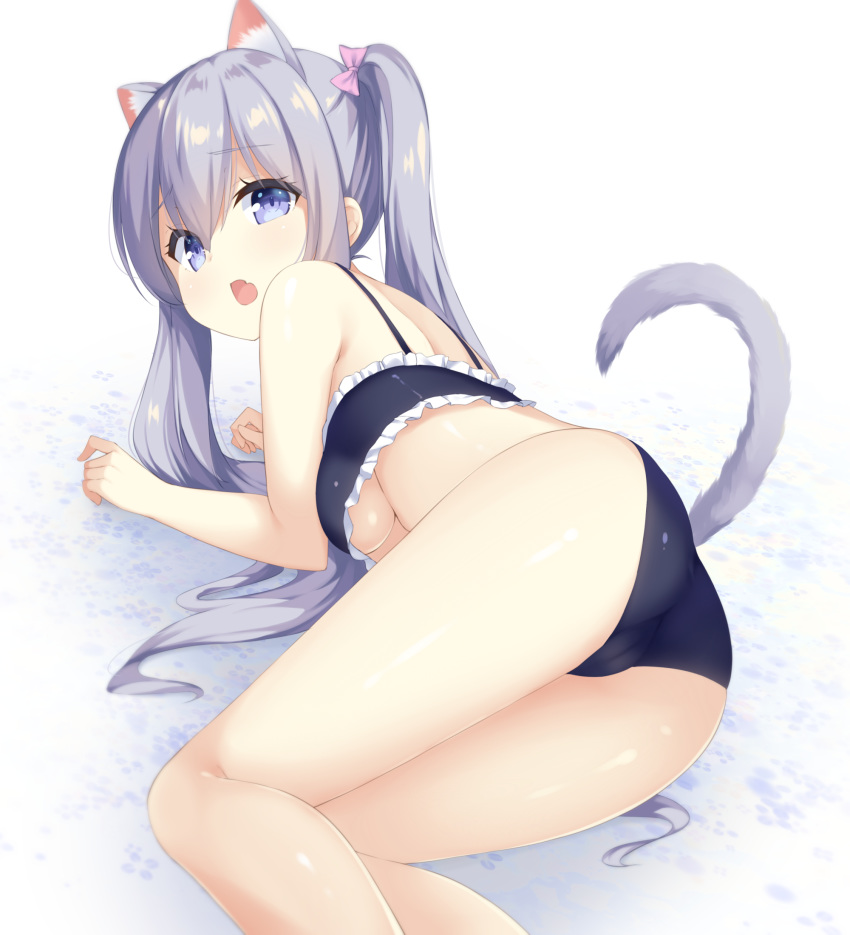 1girl :o animal_ear_fluff animal_ears ass bangs bare_arms bare_shoulders black_bra black_panties bow bra breasts cameltoe cat_ears cat_girl cat_tail commentary_request fang frilled_bra frills grey_hair hair_bow highres long_hair looking_at_viewer looking_back lying medium_breasts mimura_zaja on_side open_mouth original panties pink_bow purple_eyes solo tail thighs twintails underboob underwear very_long_hair