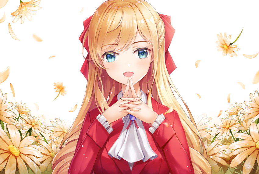 1girl :d blonde_hair blue_eyes bow check_character claire_francois flower hair_bow interlocked_fingers long_sleeves lunacle open_mouth red_bow simple_background smile solo watashi_no_oshi_wa_akuyaku_reijou white_background white_neckwear
