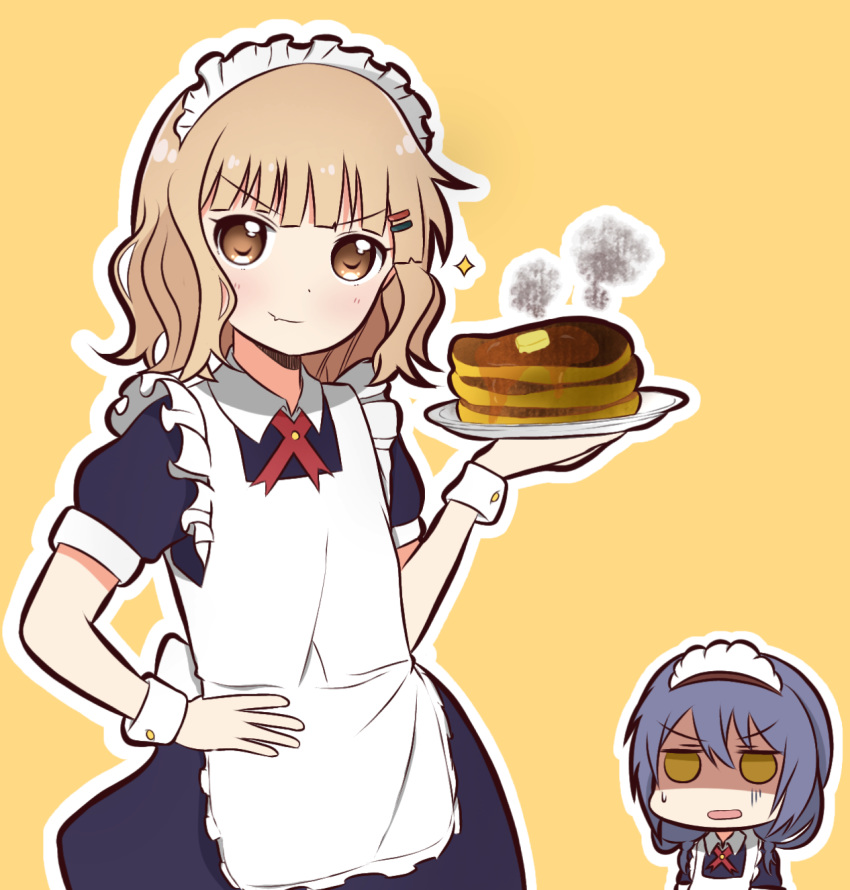 &gt;:) 2girls apron bangs blonde_hair blue_hair braid brown_eyes burnt burnt_food chibi eyebrows_visible_through_hair food furutani_himawari goron_(phde2424) hand_on_hip highres looking_at_viewer maid maid_apron maid_dress maid_headdress multiple_girls oomuro_sakurako open_mouth pancake simple_background smile sweatdrop translation_request twin_braids wrist_cuffs yellow_background yuru_yuri