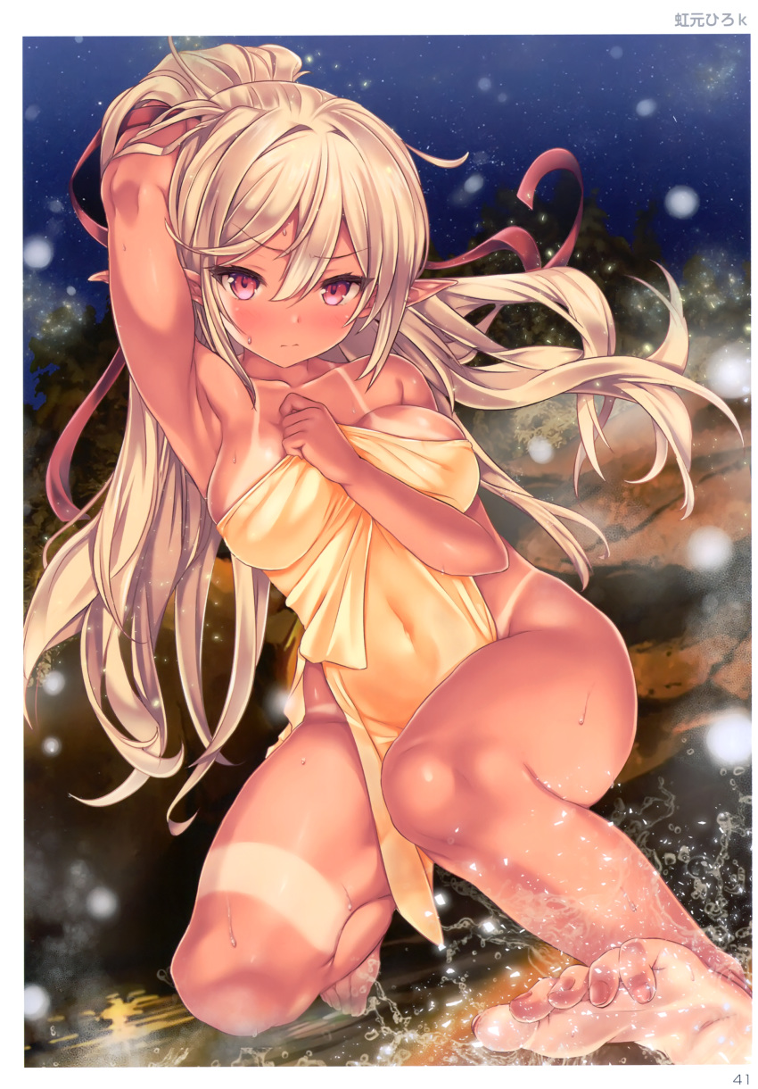 1girl absurdres arm_up armpits barefoot bikini_tan blurry blush breasts covered_navel covering depth_of_field elf hair_ribbon hand_on_own_chest highres large_breasts light_brown_eyes long_hair naked_towel night night_sky nijimoto_hirok nude_cover onsen outdoors page_number pink_eyes pointy_ears ponytail ribbon scan sidelocks sky snowing solo star_(sky) starry_sky steam tan tanline toes toranoana towel very_long_hair wet