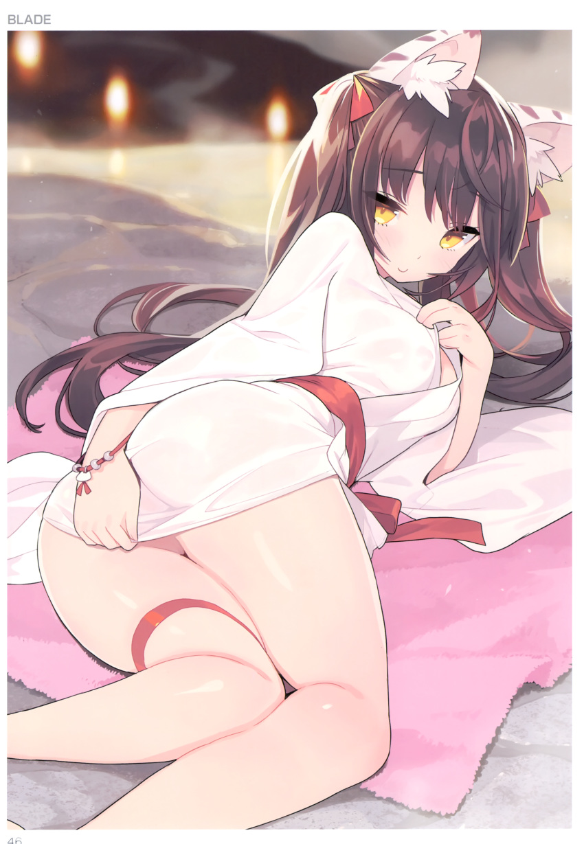 1girl absurdres animal_ears ass blade_(galaxist) blush breasts brown_hair covering covering_ass eyebrows_visible_through_hair hair_ribbon highres japanese_clothes kimono long_hair lying medium_breasts obi page_number ribbon sash scan sidelocks smile solo thigh_strap tiger_ears toranoana twintails very_long_hair wristband yellow_eyes yukata
