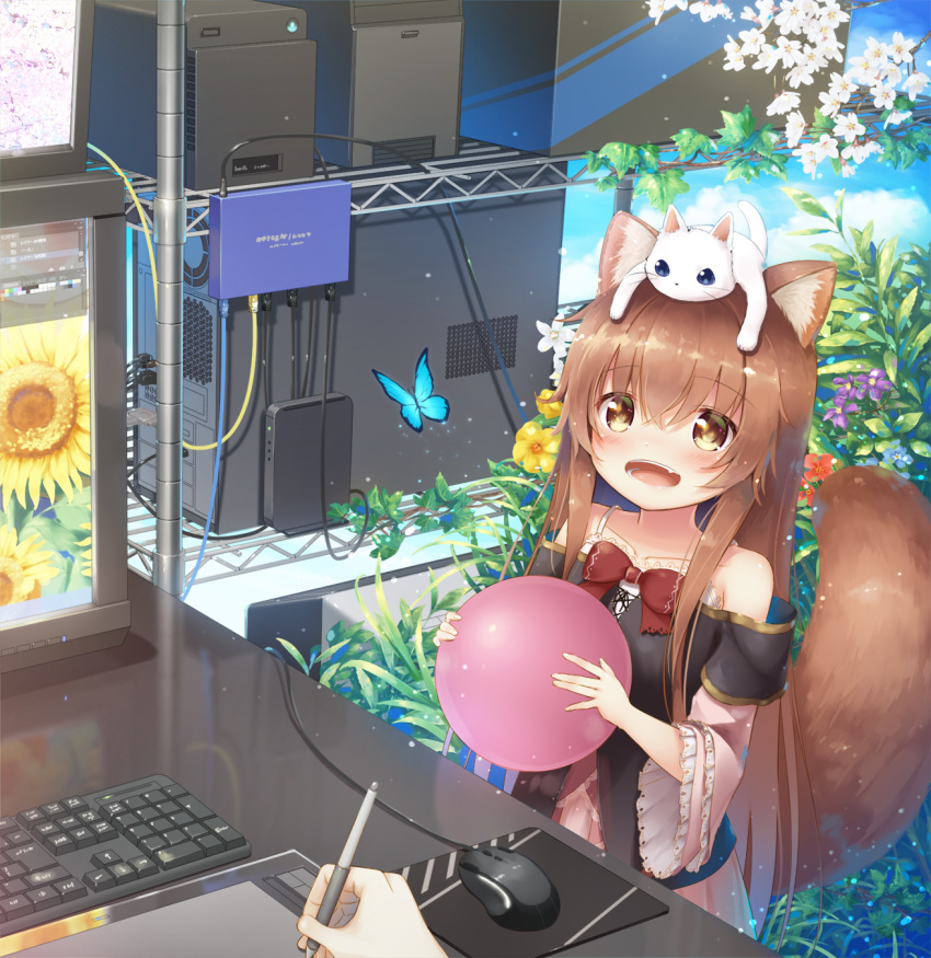 1girl 1other animal animal_ears animal_on_head ball bangs bare_shoulders blush brown_eyes brown_hair bug butterfly cable cat cat_on_head commentary_request computer drawing_tablet eyebrows_visible_through_hair hair_between_eyes highres holding holding_stylus insect keyboard_(computer) long_hair looking_at_viewer modem monitor mouse_(computer) mousepad_(object) on_head open_mouth original pov psyche3313 stylus tail