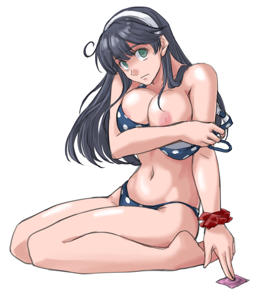 1girl ahoge areola_slip areolae bare_shoulders bikini black_hair breasts breasts_outside condom_wrapper empty_eyes headband highres kantai_collection large_breasts long_hair midriff navel polka_dot polka_dot_bikini red_scrunchie scrunchie simple_background solo sozan swimsuit ushio_(kantai_collection) white_background white_headband wrist_scrunchie