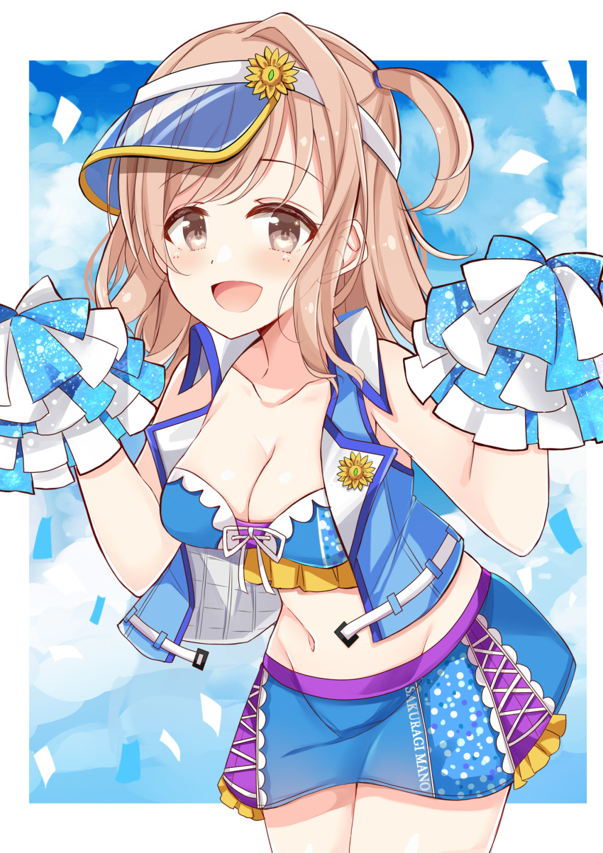 1girl :d amidada bangs bare_arms bare_shoulders bikini blue_bikini blue_skirt blue_sky blue_vest blush breasts brown_eyes character_name cleavage cloud cloudy_sky day eyebrows_visible_through_hair flower hair_intakes hands_up highres holding idolmaster idolmaster_shiny_colors light_brown_hair long_hair looking_at_viewer medium_breasts navel one_side_up open_clothes open_mouth open_vest pom_poms sakuragi_mano see-through skirt sky smile solo sunflower swept_bangs swimsuit vest visor_cap yellow_flower