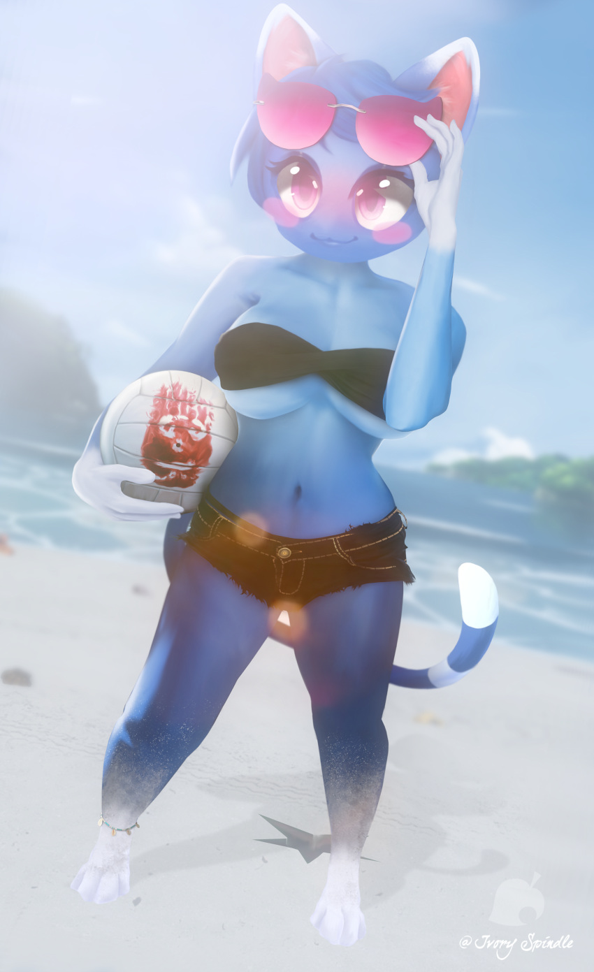 absurd_res animal_crossing beach blue_body blue_fur bottomwear clothing domestic_cat eyewear felid feline felis fur hi_res ivory_spindle mammal nintendo pink_eyes rosie_(animal_crossing) seaside shorts sunglasses swimwear video_games