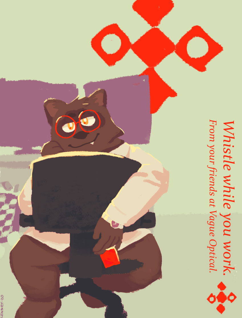 absurd_res canid canine chair clothed clothing condom convenient_censorship english_text eyewear furniture glasses hi_res inside lenny_(artist) looking_at_viewer male mammal office partially_clothed pinup pose raccoon_dog sitting solo tanuki text