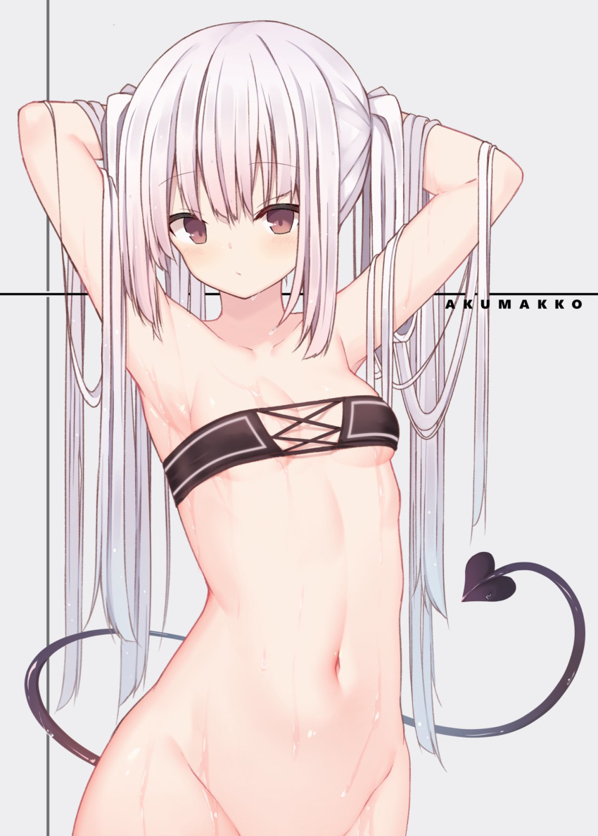 1girl armpits bare_shoulders breasts cowboy_shot demon_tail eyebrows_visible_through_hair hands_in_hair highres long_hair looking_at_viewer midriff mm2k navel original purple_eyes silver_hair small_breasts solo tail