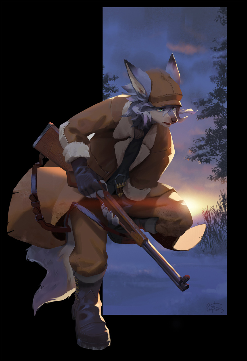 2018 anthro belt black_nose blue_body blue_fur boots canid canine clothing fate_(series) footwear fur gloves gun half-closed_eyes handwear hat headgear headwear hi_res inner_ear_fluff jacket lokey male mammal narrowed_eyes open_mouth outside patxi ranged_weapon rifle running snow solo sun topwear tree tuft weapon