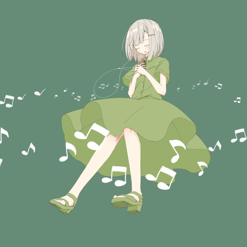 1girl bangs beamed_eighth_notes blush cellphone closed_eyes collared_shirt dress_shirt earbuds earphones eighth_note green_background green_footwear green_shirt green_skirt grey_hair highres holding holding_cellphone holding_phone musical_note original parted_lips phone quarter_note sandals shirt short_hair short_sleeves skirt smile solo usui_harusame