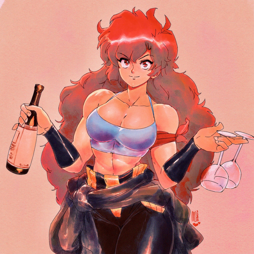 1990s_(style) 1girl armband between_fingers big_hair black_pants bottle bracer breasts cleavage clothes_around_waist collarbone commentary cup david_liu drinking_glass english_commentary eyebrows_visible_through_hair high-waist_pants highres leather leather_pants long_hair looking_at_viewer maria_(space_maria) medium_breasts midriff pants red_eyes red_hair smile solo space_maria spaghetti_strap sweater_around_waist tan thick_thighs thighs toned valentine wine_bottle wine_glass