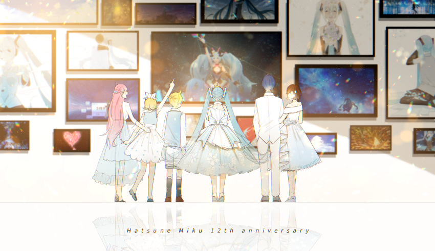 2boys 4girls absurdres ai_kotoba_iii_(vocaloid) anniversary blonde_hair blue_hair bow brown_hair character_name dress formal from_behind hair_bow hatsune_miku heart high_heels highres kneehighs layered_dress lens_flare long_hair magical_mirai_(vocaloid) multiple_boys multiple_girls picture_(object) picture_frame pink_hair rainbow re_eva reflection refraction see-through_skirt short_hair shorts skirt standing suit twintails very_long_hair vest vocaloid wall white_dress white_suit wide_shot