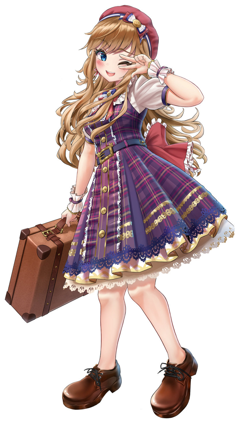 1girl bangs blonde_hair blue_eyes blush bow breasts brown_footwear commentary_request dress eyebrows_visible_through_hair frills highres holding_suitcase idolmaster idolmaster_cinderella_girls idolmaster_cinderella_girls_starlight_stage jewelry long_hair looking_at_viewer medium_breasts misogin one_eye_closed ootsuki_yui open_mouth puffy_short_sleeves puffy_sleeves red_bow red_headwear shoes short_sleeves smile solo suitcase wavy_hair wrist_cuffs