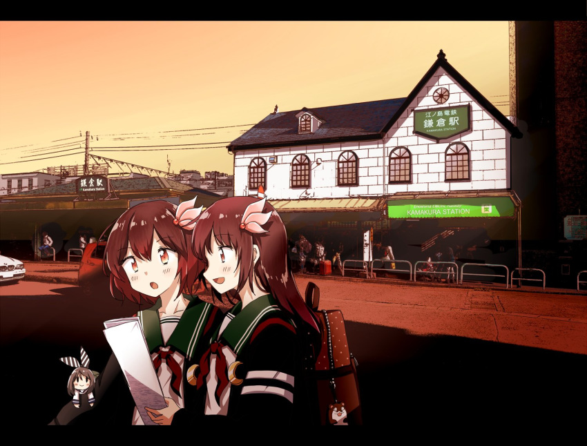 2girls any_(lucky_denver_mint) black_jacket bmw brown_backpack brown_eyes brown_hair car crescent crescent_moon_pin daihatsu daihatsu_max eyebrows_visible_through_hair fairy_(kantai_collection) gradient_hair green_sailor_collar ground_vehicle jacket kamakura_(city) kantai_collection kisaragi_(kantai_collection) long_hair motor_vehicle multicolored_hair multiple_girls mutsuki_(kantai_collection) red_hair remodel_(kantai_collection) sailor_collar school_uniform serafuku short_hair train_station upper_body