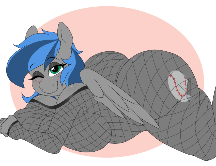 anthro bibbo bibbo_(oc) big_breasts big_butt body_stocking breast_squish breasts butt cutie_mark equid equine female fishnet freckles huge_breasts huge_butt looking_at_viewer lying mammal my_little_pony on_front one_eye_closed pterippus squish thick_thighs wings wink