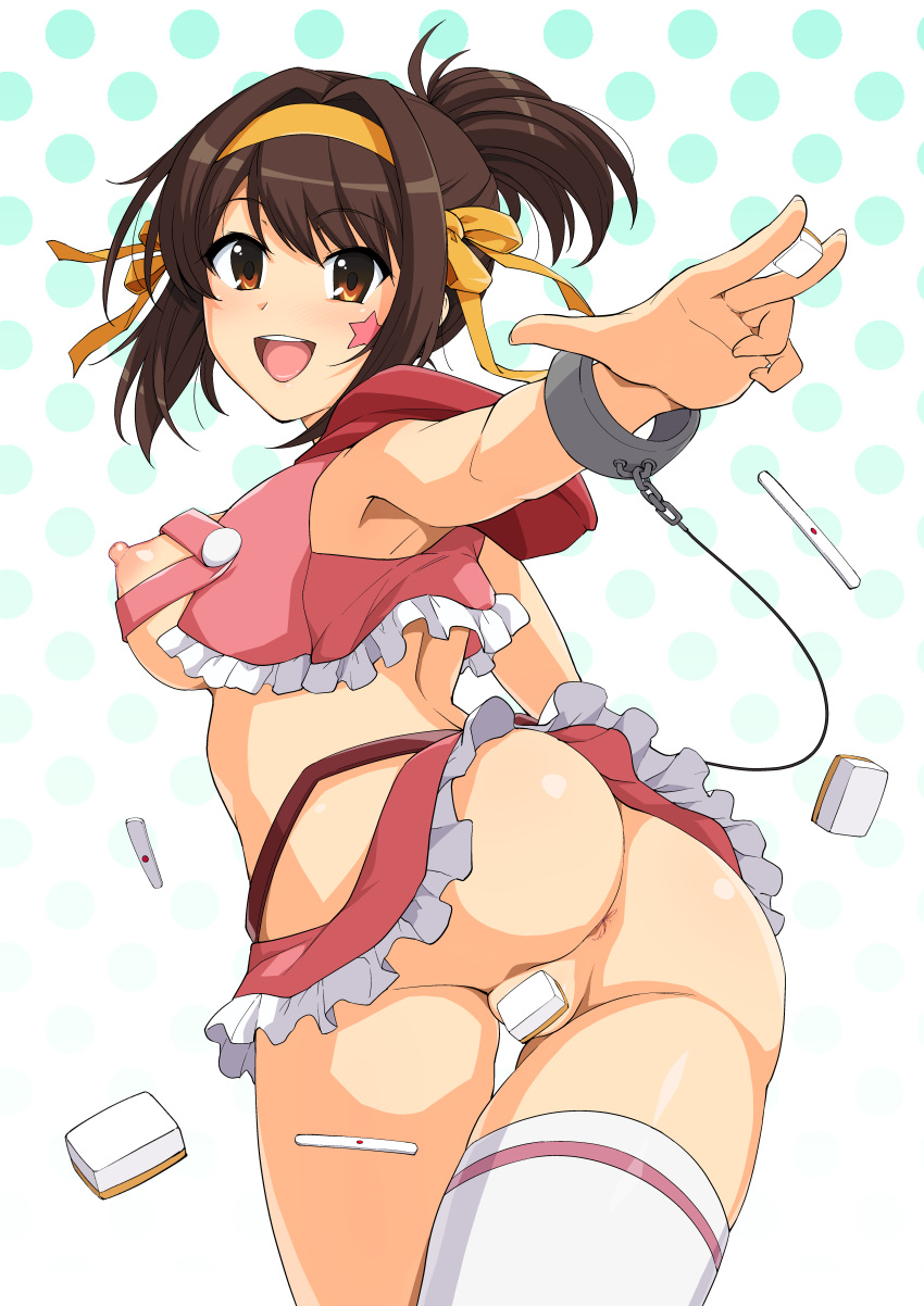 1girl absurdres anus ass breasts brown_eyes brown_hair cosplay frilled_jacket from_behind hairband haruhisky highres hip_vent kunihiro_hajime kunihiro_hajime_(cosplay) large_breasts long_hair looking_at_viewer looking_back nipples orange_hairband ponytail revealing_clothes saki shiny shiny_hair shiny_skin solo standing suzumiya_haruhi suzumiya_haruhi_no_yuuutsu white_background