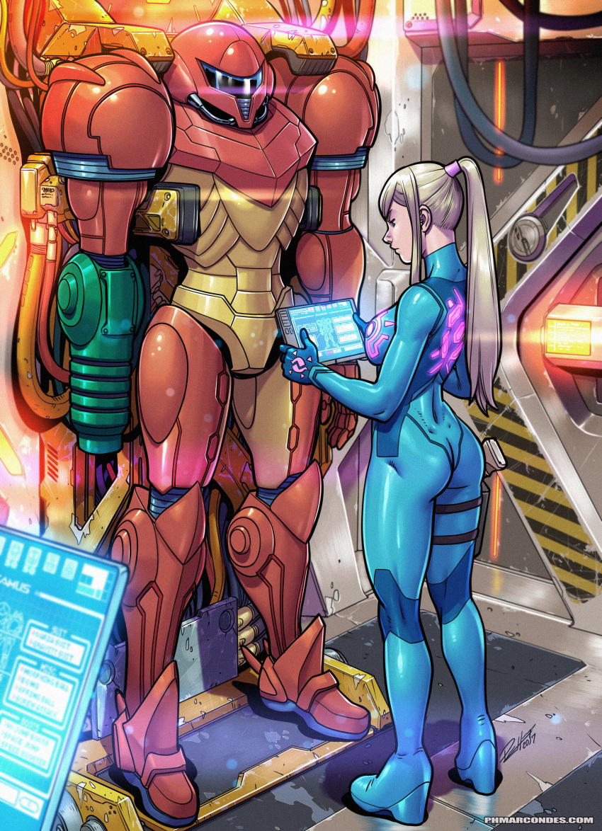 1girl absurdres ass blonde_hair blue_bodysuit blue_eyes blue_hair bodysuit breasts cable commentary dimples_of_venus english_commentary flat_ass full_body high_ponytail highres holographic_touchscreen long_hair mechanical medium_breasts metroid nose power_armor samus_aran skin_tight solo tekuho_no_habo toned varia_suit zero_suit