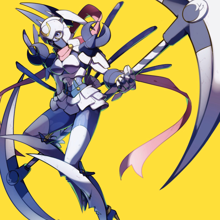 1girl animal_ears bodysuit breastplate breasts bunny_ears commentary_request crescent dianamon digimon face_mask floating floating_object full_body gauntlets hair_between_eyes helmet high_heels highres holding holding_scythe large_breasts mask meipura pink_scarf purple_bodysuit purple_eyes scarf scythe shading shin_guards shoulder_armor skirt solo white_armor white_legwear white_skirt yellow_background