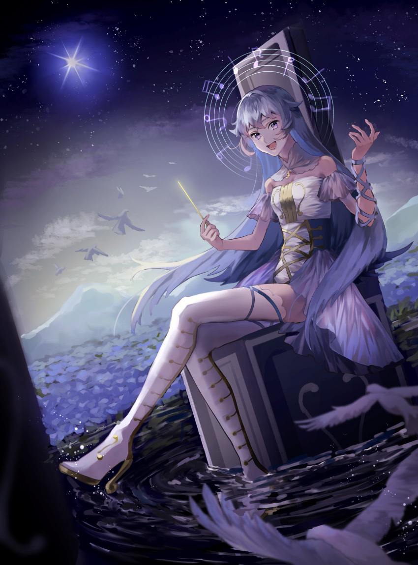 1girl :d baton_(instrument) beamed_eighth_notes beamed_sixteenth_notes bird blue_hair boots breasts detached_collar eighth_note full_body half_note high_heel_boots high_heels highres long_hair long_neck looking_at_viewer mountainous_horizon music musical_note open_mouth pixiv purple_eyes quarter_note ripples singing sitting sky small_breasts smile solo star star_(sky) starry_sky syuka_rain thigh_boots thighhighs treble_clef very_long_hair