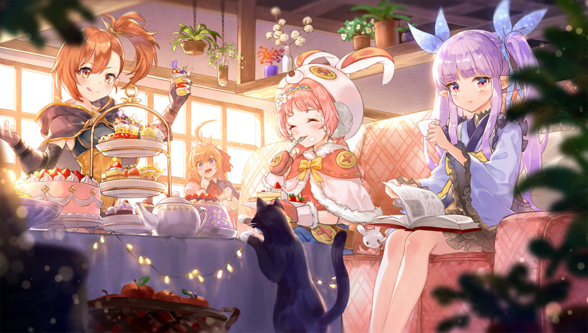 animal apple book braids brown_eyes brown_hair candy cape cat couch elbow_gloves flowers food fruit gloves hat honyaru_(nanairo39) long_hair pink_hair pointed_ears ponytail princess_connect! purple_hair tagme_(character) tiara twintails