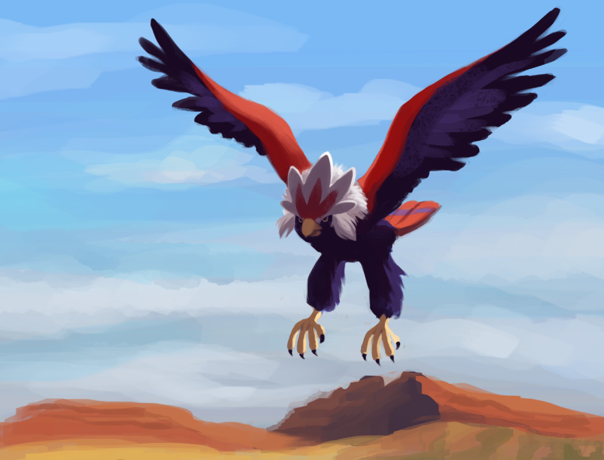 bird bird_focus blue_sky braviary claws cloud cloudy_sky creature day flying full_body gen_5_pokemon nnchan no_humans outdoors pokemon pokemon_(creature) sky solo