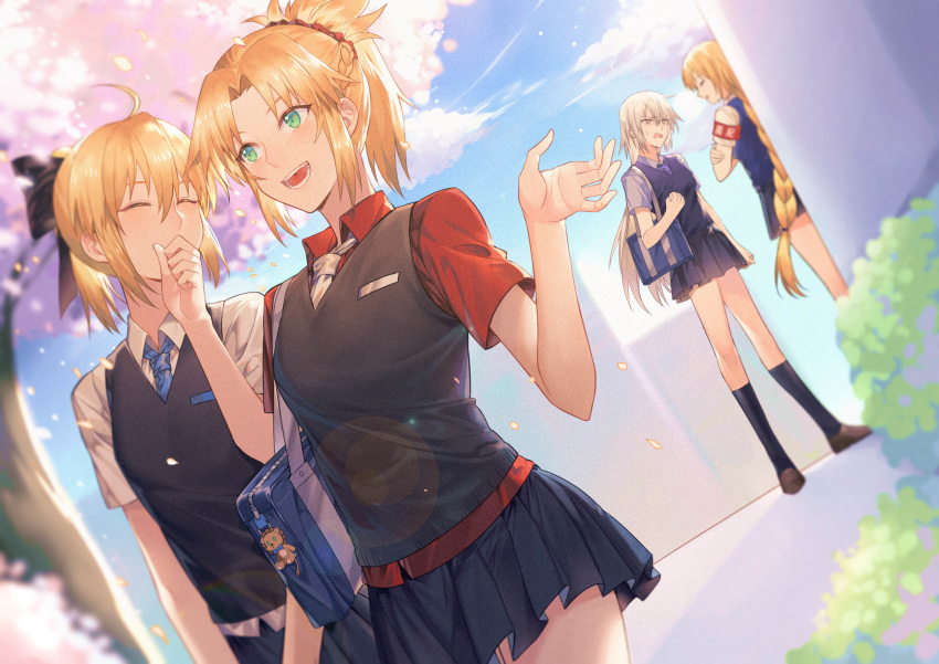 4girls absurdres ahoge armband artoria_pendragon_(all) bag bag_charm charm_(object) cherry_blossoms cherry_tree closed_eyes crossed_arms dutch_angle fate/grand_order fate_(series) green_eyes hand_to_own_mouth highres jeanne_d'arc_(alter)_(fate) jeanne_d'arc_(fate)_(all) long_braid mordred_(fate)_(all) multiple_girls multiple_views necktie open_mouth red_shirt saber_lily school_bag school_uniform shirt short_hair sweatdrop teeth vest yellow_eyes yorukun